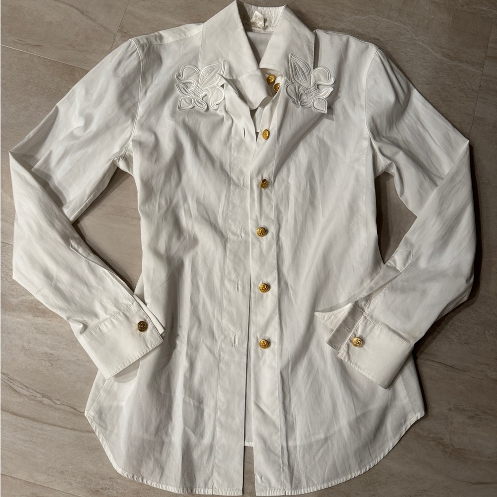 Vintage Escada White Embroidered Blouse with Gold Buttons fleur de lis Designer - Picture 5 of 6